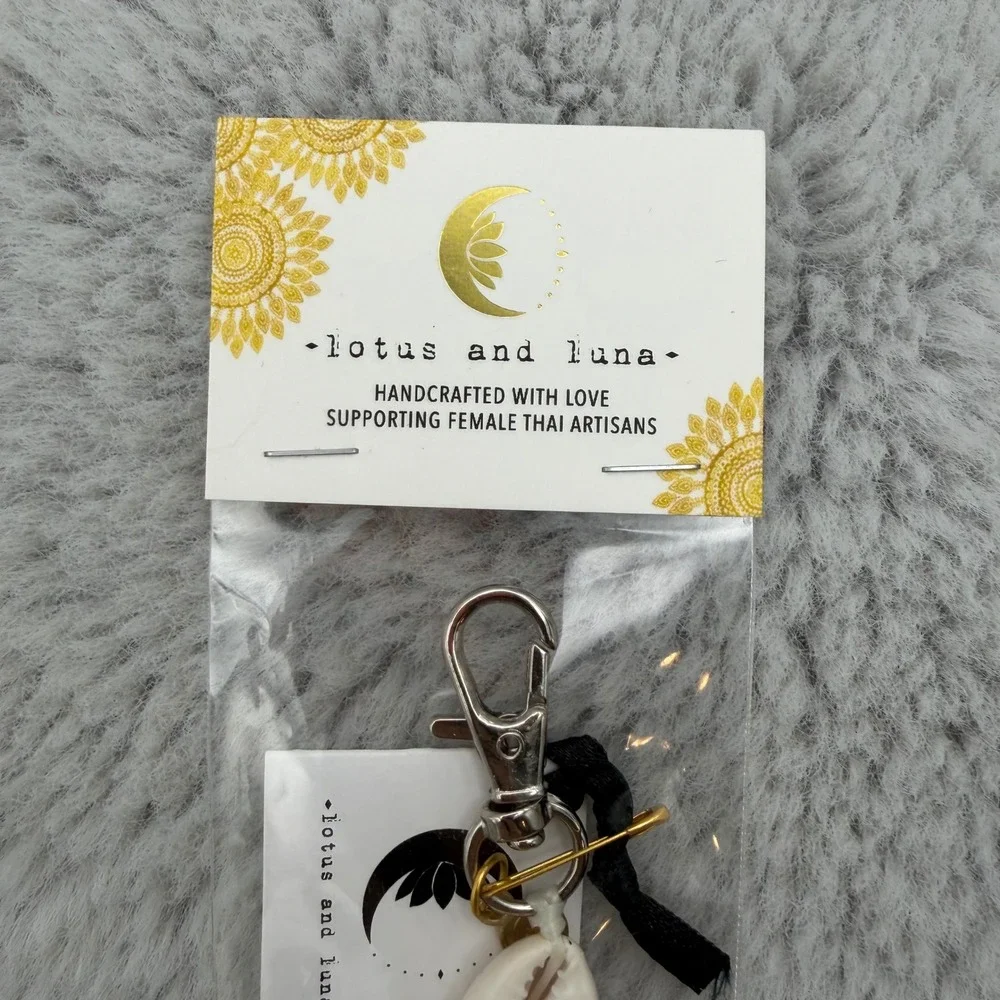 Lotus and Luna Keychain OS Charcoal Grey Cowrie Shell Moonstone Tassel NEW